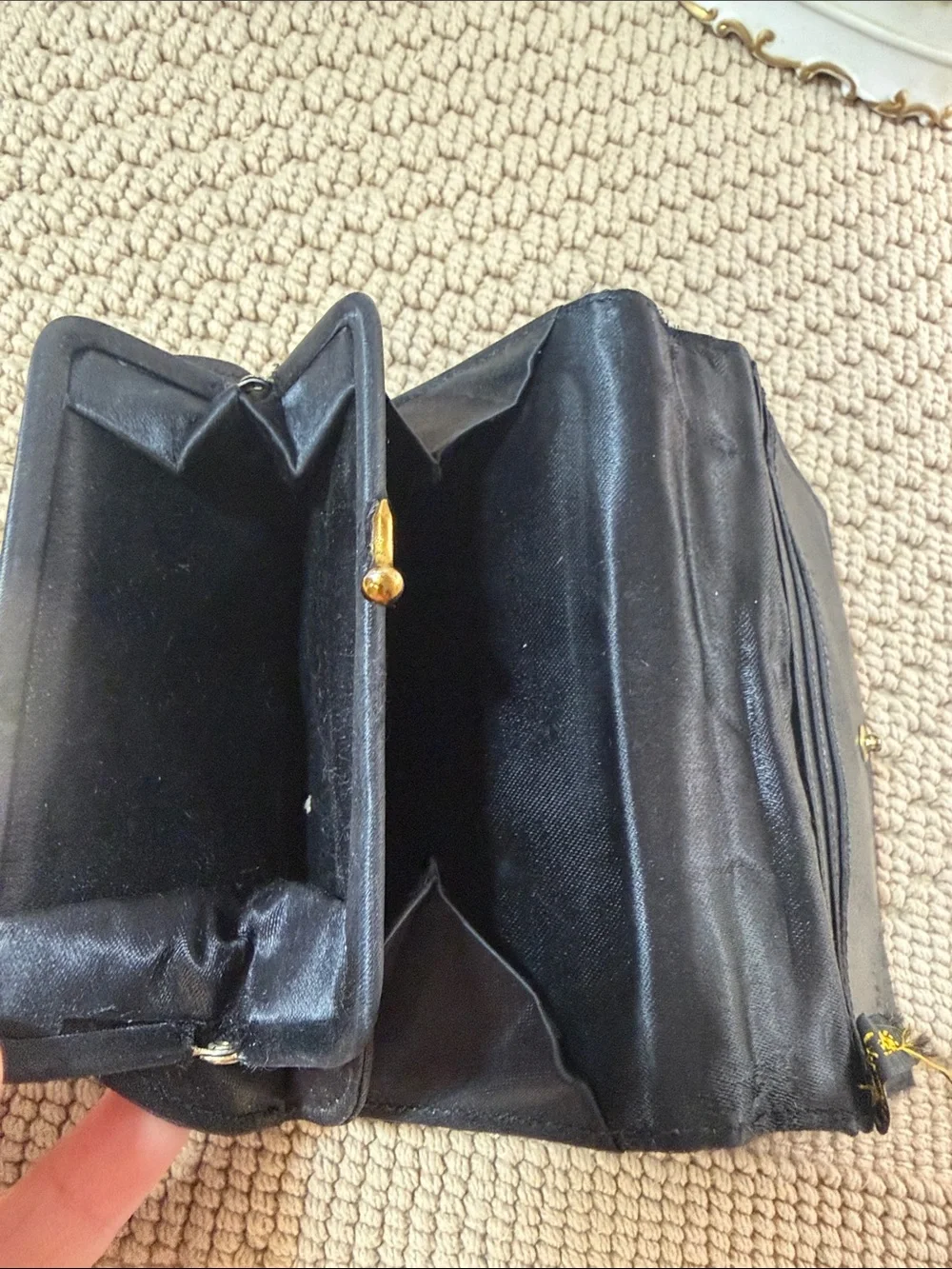 Vintage Made in France Black Satin Embroidered Floral Clutch Wallet